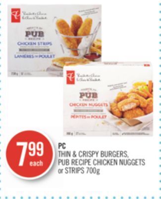 Shoppers Drug Mart Pc thin & crispy burgers, pub recipe chicken nuggets or strips offer