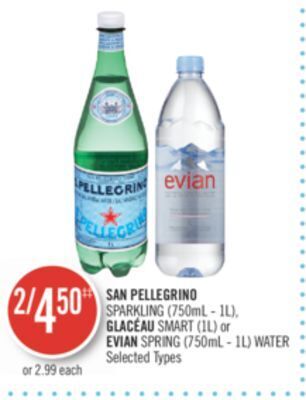 Shoppers Drug Mart San pellegrino sparkling (750ml - 1l), glacéau smart (1l) or evian spring (750ml - 1l) water offer