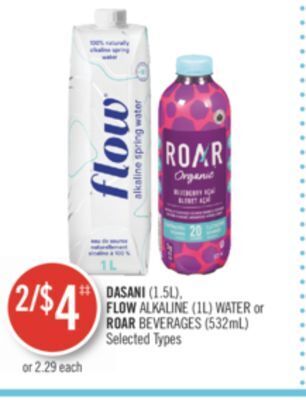 Shoppers Drug Mart Dasani (1.5l), flow alkaline (1l) water or roar beverages (532ml) offer