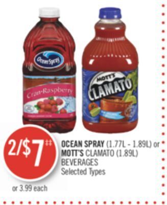 Shoppers Drug Mart Ocean spray (1.77l - 1.89l) or mott's clamato (1.89l) offer