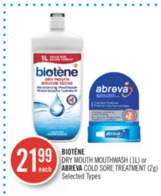 Shoppers Drug Mart Biotène dry mouth mouthwash (1l) or abreva cold sore treatment (2g) offer