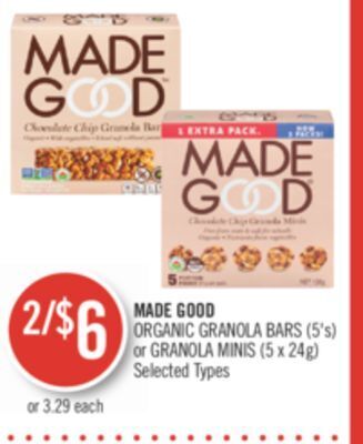 Shoppers Drug Mart Made good organic granola bars (5's) or granola minis (5 x 24g) offer