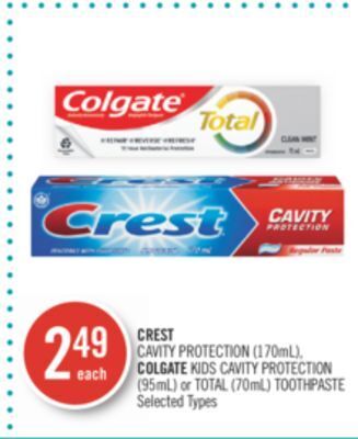 Shoppers Drug Mart Crest cavity protection (170ml), colgate kids cavity protection (95ml) or total (70ml) toothpaste offer