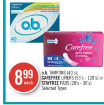 Shoppers Drug Mart O.b. tampons (40's), carefree liners (93's - 120's) or stayfree pads (28's - 36's) offer