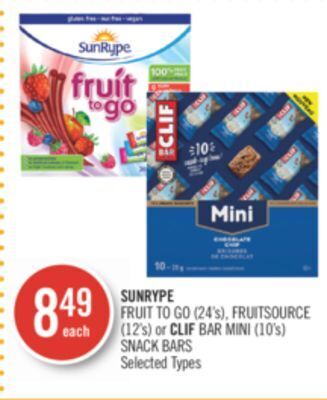 Shoppers Drug Mart Sunrype fruit to go (24's), fruitsource (12's) or clif bar mini (10's) snack bars offer