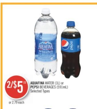 Shoppers Drug Mart Aquafina water (1l) or pepsi beverages (591ml) offer