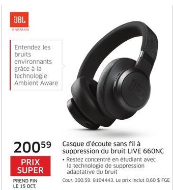 The Source Casque d'écoute sans fil à suppression du bruit live 660nc jbl offer
