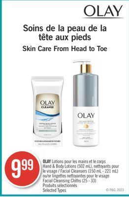 Shoppers Drug Mart Olay hand & body lotions (502ml) facial cleansers (150ml-221ml) facial cleansing cloths (25-30) offer