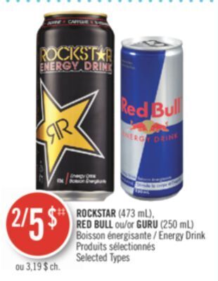 Shoppers Drug Mart Rockstar (473 ml), red bull or guru (250 ml) energy drink offer