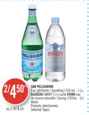 Shoppers Drug Mart San pellegrino sparkling (750 ml - 1 l), glacéau smart (1 l) or evian spring (750ml - 1l) water offer