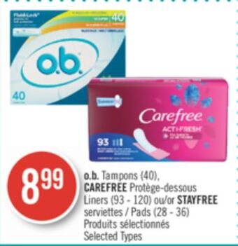 Shoppers Drug Mart O.b. tampons (40), carefree liners (93 - 120) or stayfree pads (28 - 36) offer