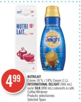 Pharmaprix Nutrilait 18% cream (1 l), international delight (946 ml) or silk (890 ml) coffee whitener offer