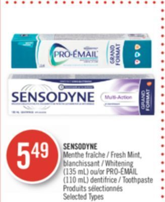 Pharmaprix Sensodyne fresh mint, whitening (135 ml) or pro-émail (110 ml) toothpaste offer