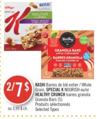 Pharmaprix Kashi whole grain, special k nourish or healthy crunch granola bars (5) offer