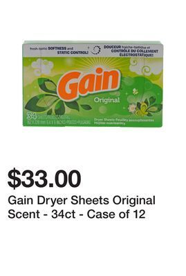 Dollarama Gain dryer sheets original scent - 34ct - case of 12 offer