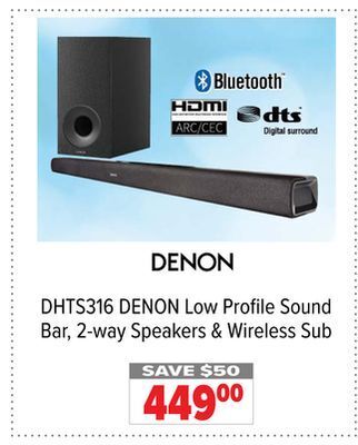 2001 Audio Video Denon low profile sound bar, 2-way speakers & wireless sub offer