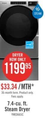 The Brick Whirlpool 7.4 cu. ft. electric dryer with steam - ywed6605mc offer