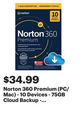Best Buy Norton 360 premium (pc/mac) - 10 devices - 75gb cloud backup - 1-year subscription - digital download offer