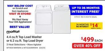Visions Electronics Moffat 4.4 cu.ft top load washer or 6.2 cu.ft. top load dryer offer