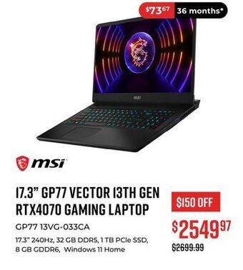Canex 17.3 gp77 vector 13th gen rtx4070 gaming laptop offer