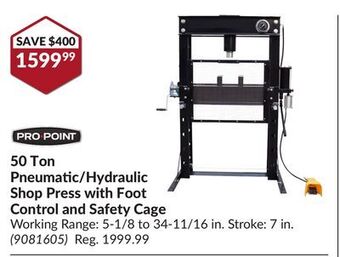 Princess Auto 50 ton pneumatic/hydraulic shop press with foot control and safety cage offer