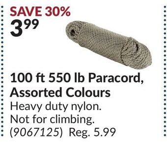 Princess Auto 100 ft 550 lb paracord, assorted colours offer