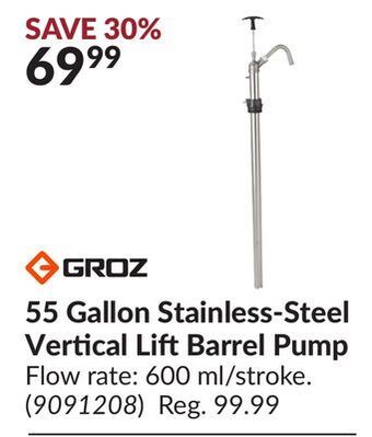 Princess Auto 55 gallon stainless-steel vertical lift barrel pump offer