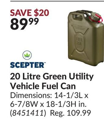 Princess Auto 20 litre green utility vehicle fuel can offer