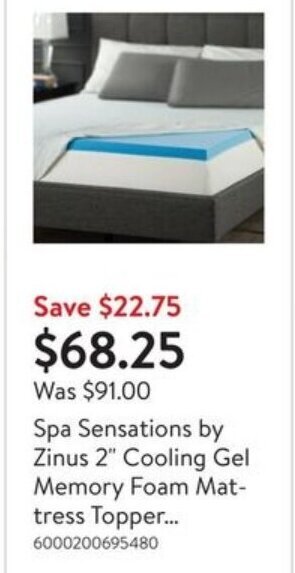 Walmart Spa Sensations by Zinus 2" Cooling Gel Memory Foam Mat-tress Topper offer