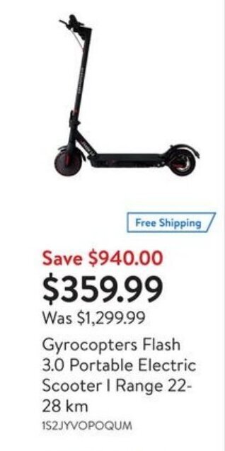 Walmart Gyrocopters Flash 3.0 Portable Electric Scooter I Range 22-28 km offer