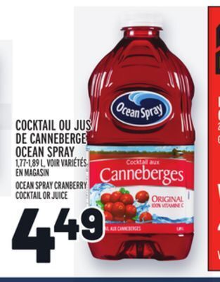 Metro Cocktail ou jus de canneberge ocean spray | ocean spray cranberry cocktail or juice offer