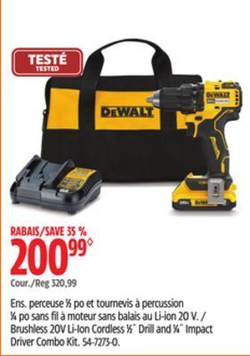 Canadian Tire Dewalt brushless 20v li-ion cordless 1/2 drill and 1/4 impact driver combo kit offer