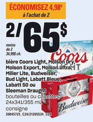 Provigo Bière coors light, molson dry, molson export, molson ultra, miller lite, budweiser, bud light, labatt bleue, labatt 50 ou sle offer