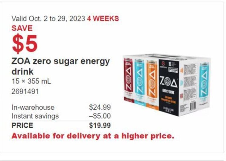 ZOA zero sugar energy drink offer at Costco