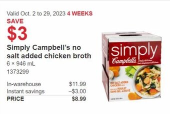 Costco Simply Campbell's no salt added chicken broth offer