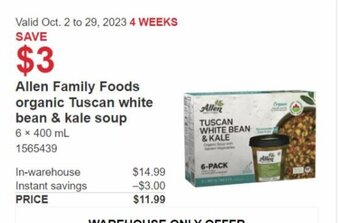 Costco Allen Family Foods organic Tuscan white bean & kale soup offer