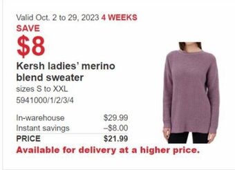 Costco Kersh ladies' merino blend sweater offer