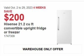 Costco Hisense 21.2 cu ft convertible upright fridge or freezer offer