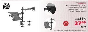 Shopper+ Monitor and laptop mount, single monitor arm with laptop tray for 13 to 27 screen - primecables offer