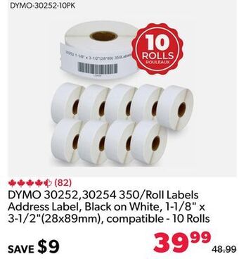 Shopper+ Dymo 30252,30254 350/roll labels address label, black on white, 1-1/8 x 3-1/2(28x89mm), compatible - 10 rolls offer