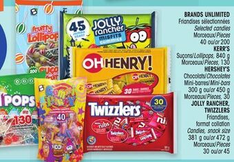 Uniprix Brands unlimited friandises sélectionnées / selected candies morceaux/pieces, kerr's suçons/lollipops, morceaux/pieces, hersh offer