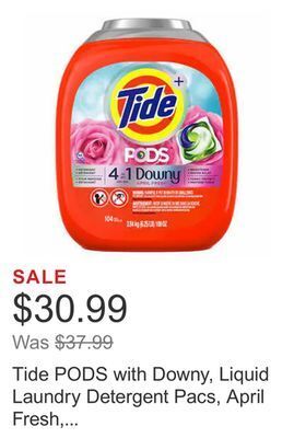 Costco Tide pods with downy, liquid laundry detergent pacs, april fresh, 104-count offer