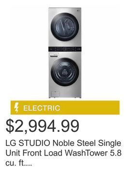 Costco Lg studio noble steel single unit front load washtower 5.8 cu. ft. steam washer and 7.4 cu. ft. electric steam dryer offer