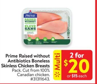 Walmart Prime raised without antibiotics boneless skinless chicken breasts offer