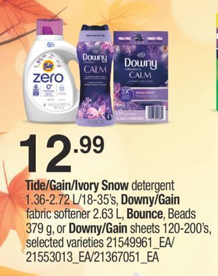 Fortinos Tide/gain/ivory snow detergent 1.36-2.72 l/18-35' s, downy/gain fabric softener 2.63 l, bounce, beads 379 g, or downy/gain sh offer