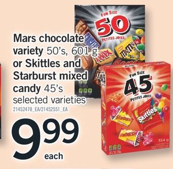 Fortinos Mars chocolate mars variety variety 50's, 601 g or skittles and starburst mixed candy 45' s offer