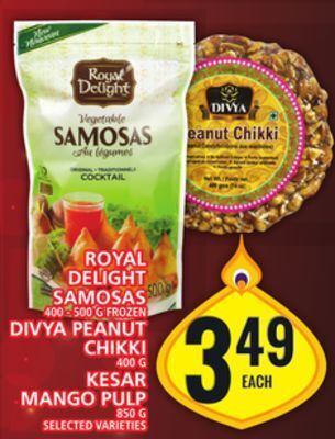 Food Basics Royal delight samosas or divya peanut chikki or kesar mango pulp offer