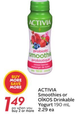 Sobeys Smoothies or oîkos drinkable yogurt offer