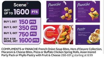 Sobeys Compliments or panache french onion soup bites, hors d'oeuvre collection, macaroni & cheese bites, pizza or buffalo chicken s offer