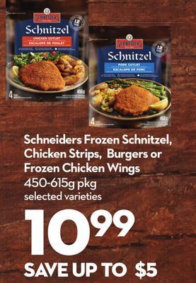 Longo's Schneiders frozen schnitzel, chicken strips, burgers or frozen chicken wings offer